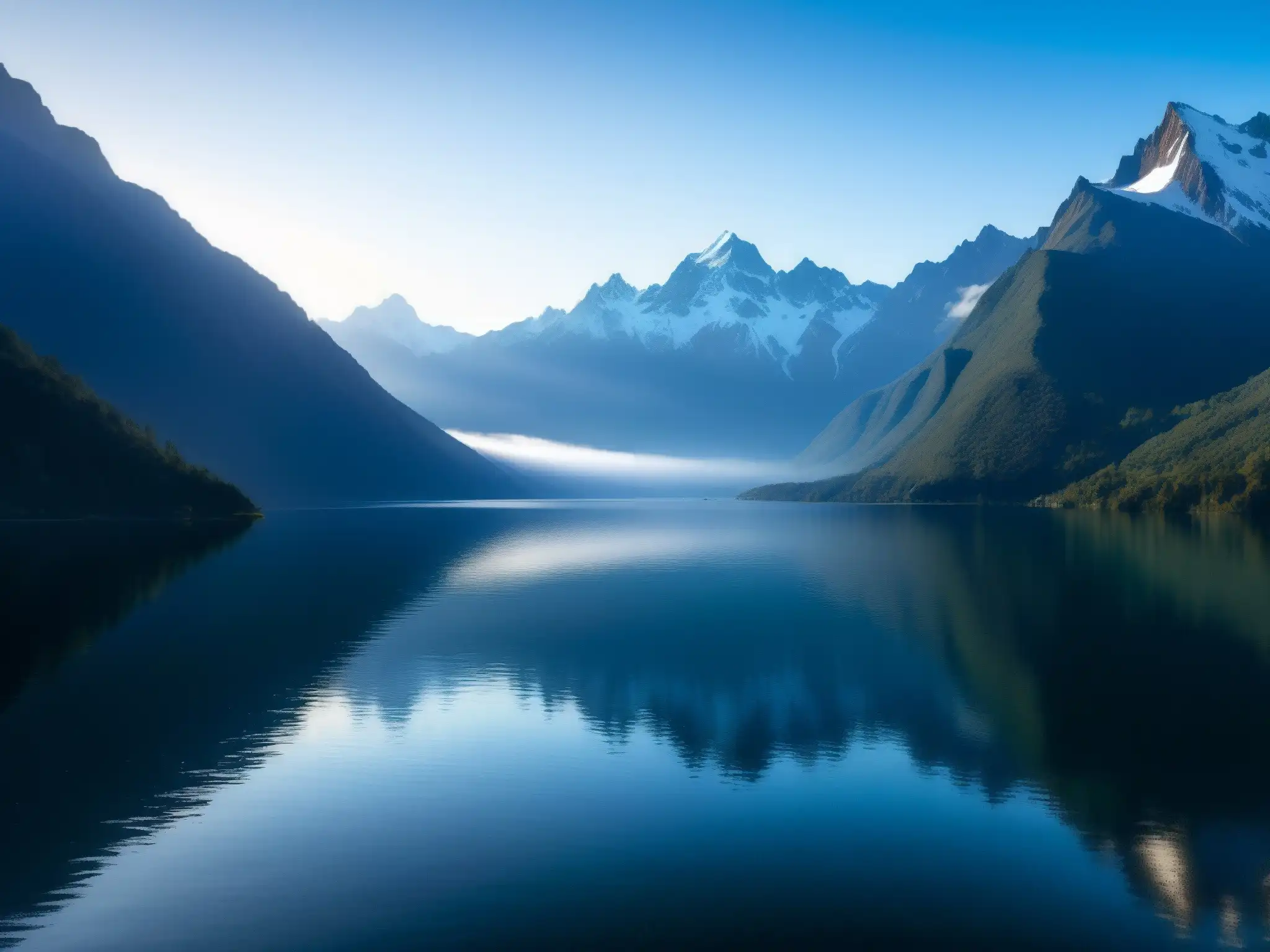 Misterio en el Lago Nahuel Huapi: Nahuelito emerge en las aguas Vista detallada del misterioso lago Nahuel Huapi con Nahuelito emergiendo, rodeado de los imponentes Andes y una luz brillante sobre el agua