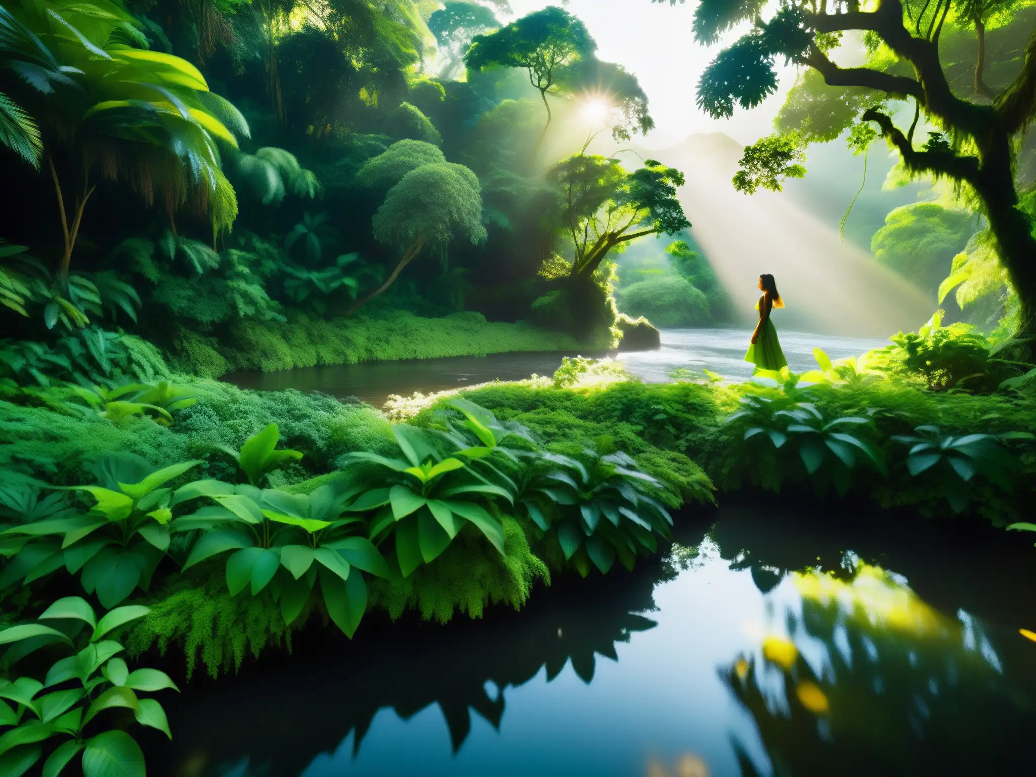 El Mohán: Guardián Mágico de la Selva Vista de la exuberante jungla con el río serpenteante y la enigmática presencia de El Mohán guardián mágico ríos