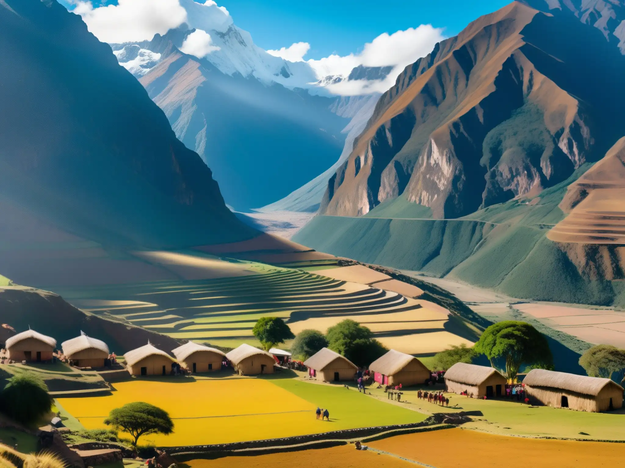 Vista impactante de una aldea andina remota con gente indígena y actividades culturales tradicionales, reflejando la leyenda del Ucumar en los Andes