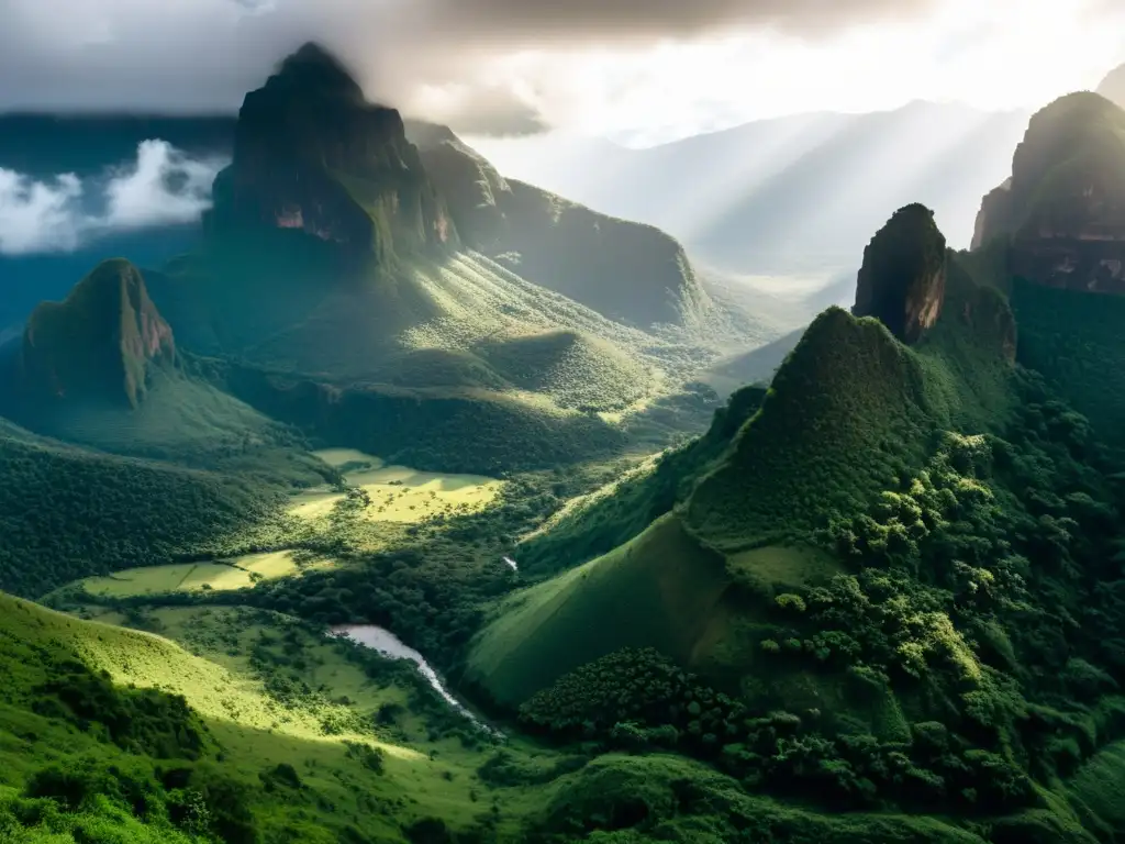 Montañas místicas de Kenia: naturaleza salvaje y ruinas antiguas Vista impresionante de las montañas de Kenia, con riquezas perdidas entre la exuberante naturaleza y misteriosos vestigios