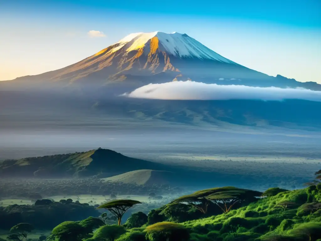 Majestuosa cumbre nevada del Kilimanjaro y exuberante Chagga Vista impresionante del pico nevado del Kilimanjaro con la exuberante vegetación de la región Chagga, capturando la atmósfera mística y serena