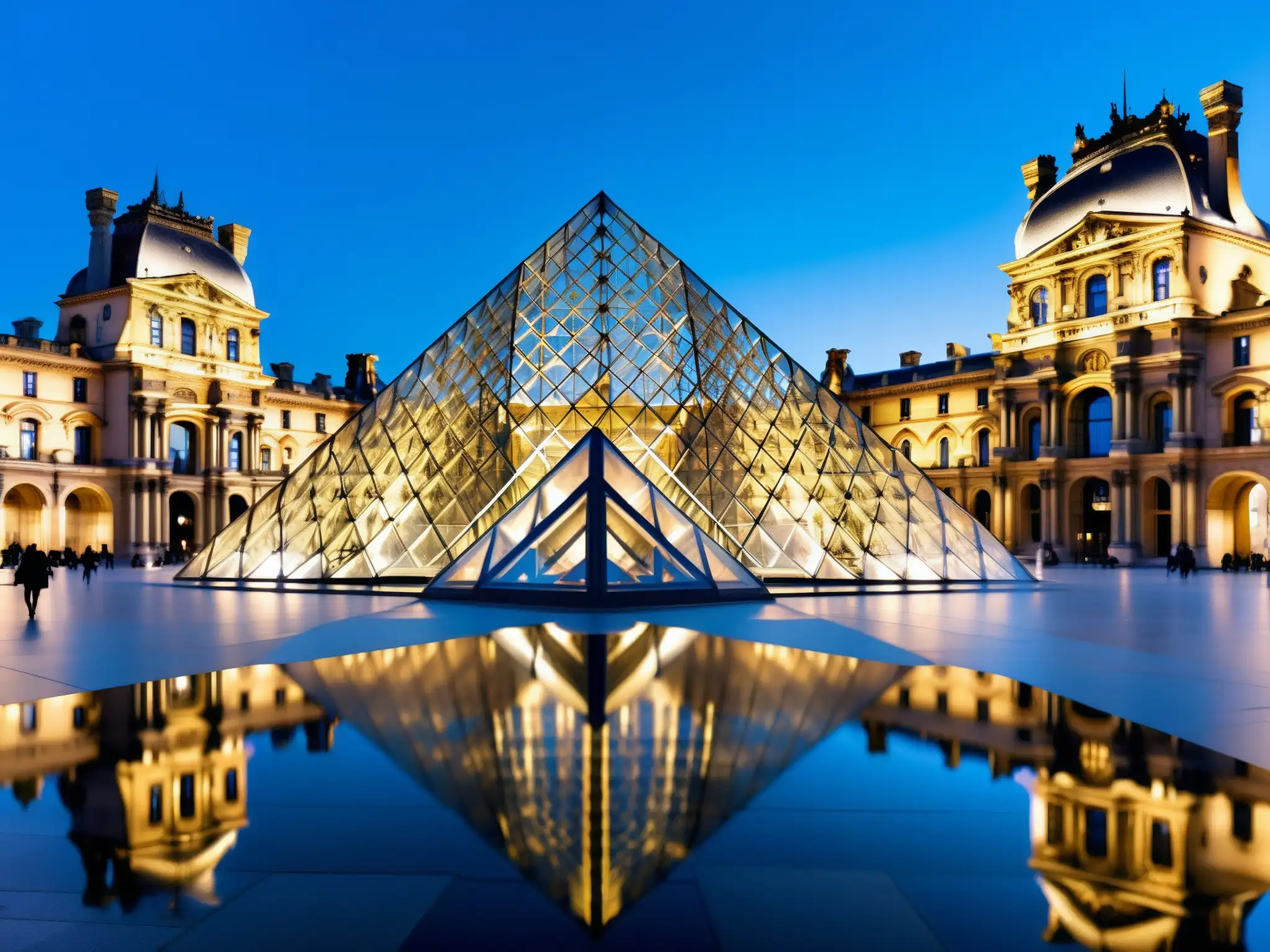 Vista interior del Museo del Louvre en París con la icónica pirámide de vidrio