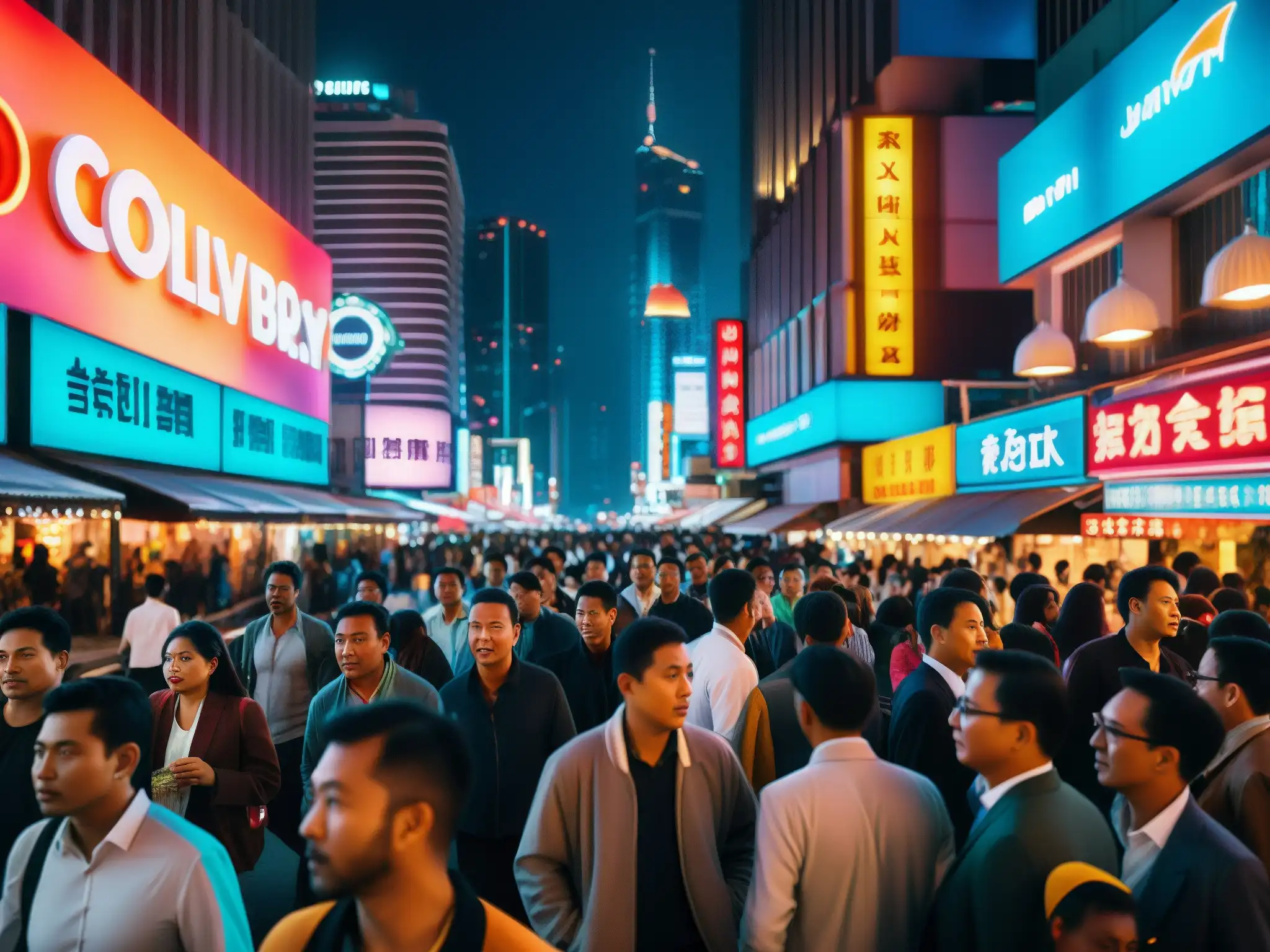 Vista nocturna de una concurrida calle de la ciudad en 8k, con figuras borrosas entre luces de neón y farolas
