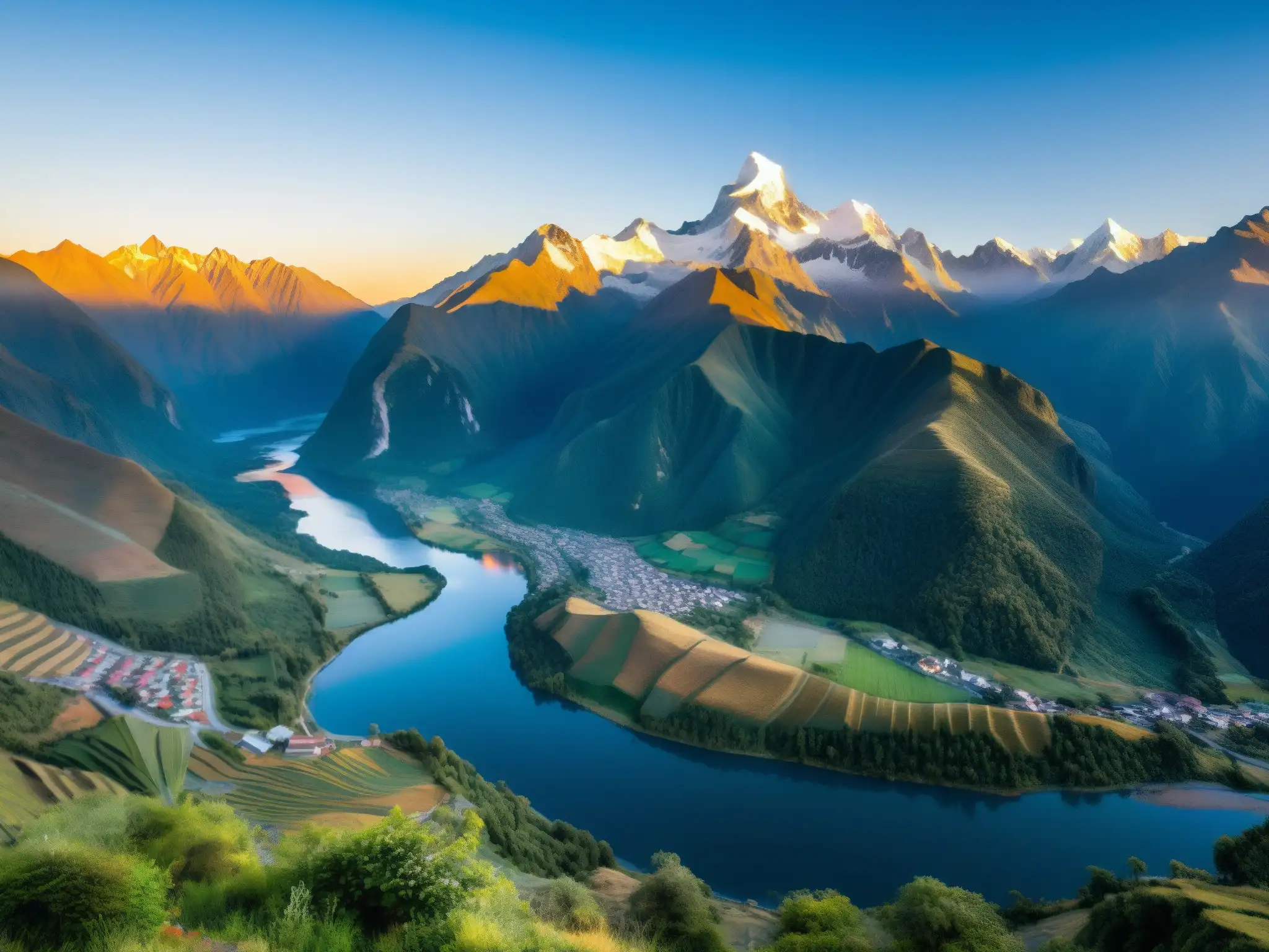 Amanecer dorado en los Andes: majestuosidad y serenidad Vista panorámica de los Andes al amanecer, con picos iluminados por la cálida luz dorada