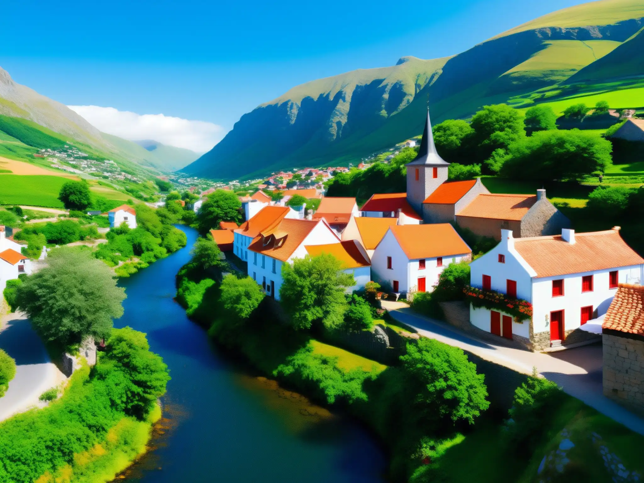 Vista serena de Liérganes, con el río Pas, calles empedradas, tejados rojos, naturaleza exuberante, lugareños y el Hombre Pez Liérganes mito realidad