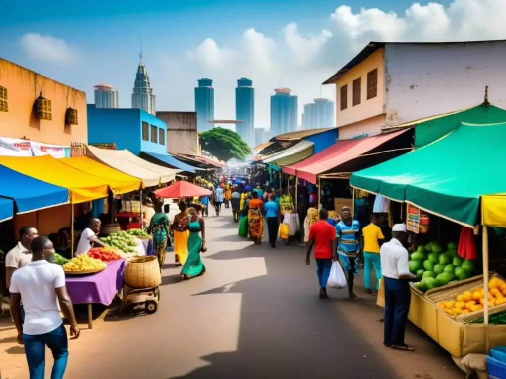 Escena vibrante en Abidjan, Costa de Marfil: mercado colorido y bullicio urbano Vista vibrante de la vida urbana en Abiyán, Costa de Marfil, con bulliciosos puestos de mercado y arquitectura icónica