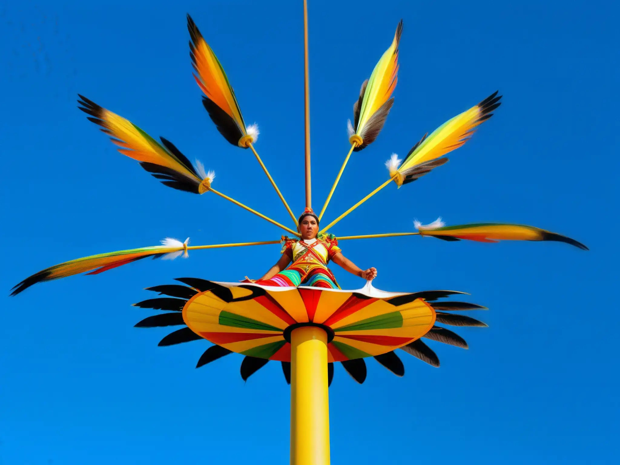 Voladores de Papantla: Ritual en 8k Los voladores de Papantla descienden en su ritual místico con gracia y colorido, destacándose contra el cielo azul